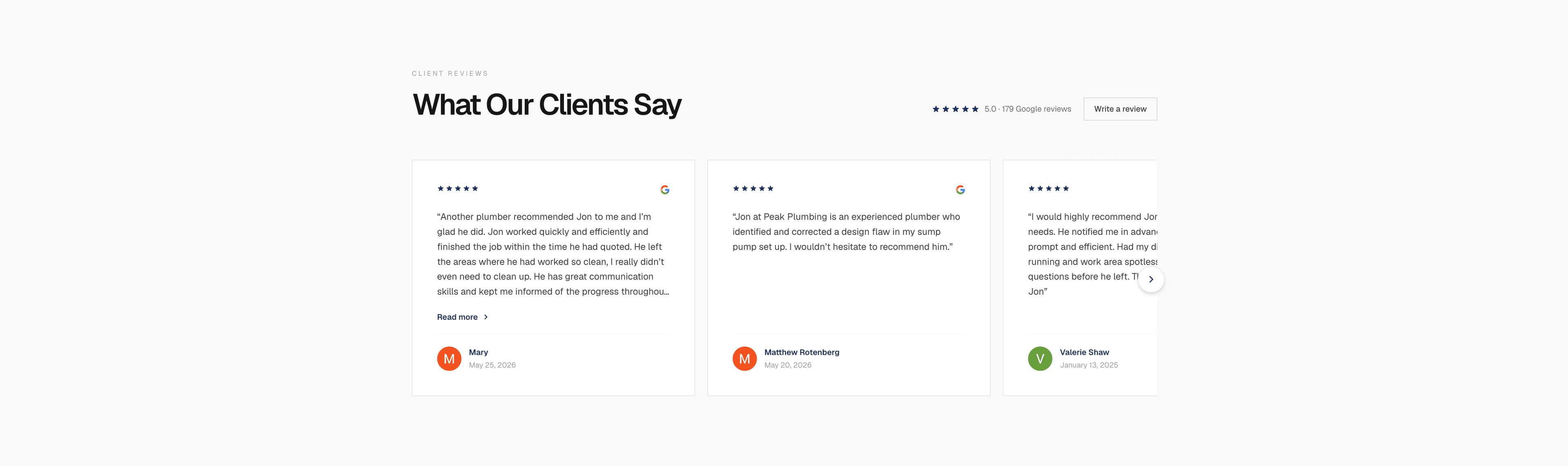 Peak Plumbing — Live Google reviews. No plugin.